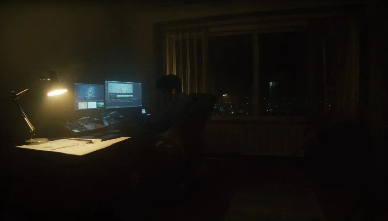 Xinemind studio at night — editing bay with Jakarta city lights