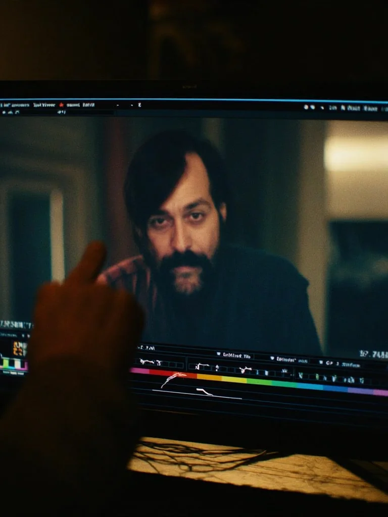 Director hand near a color-grading monitor